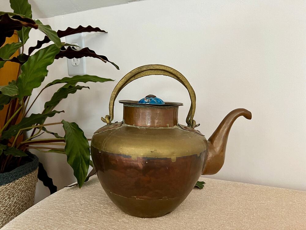 Vintage Copper & Brass Tea Kettle Teapot with Ceramic Knob Detail Kitchen decor